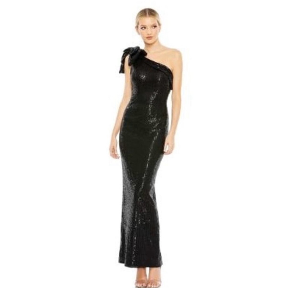 IEENA for MacDuggal Black Sequin Bow One Shoulder Column Maxi Dress Size 10